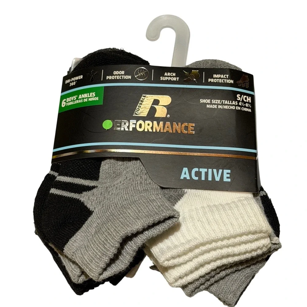 Russell Performance Boys Ankle Socks Black Grey White Active Athletic S Boys